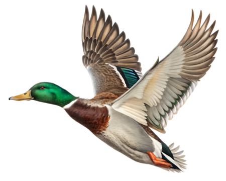 wild duck flying in beautiful light isolated on white background,  PNG.