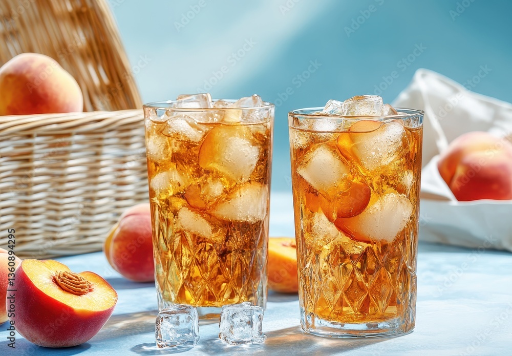 Poster refreshing summer drink with ice and fresh peach slices on a light background in a cozy setting
