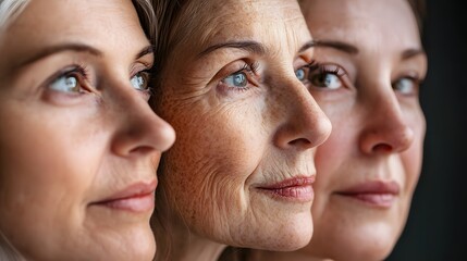 Three women showing skin aging process looking in same direction