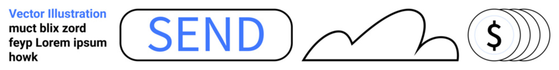Interactive send button, cloud outline, stack of coins representing digital communication. Ideal for financial operations, online payments, app interfaces, e-commerce, cloud storage, virtual banking