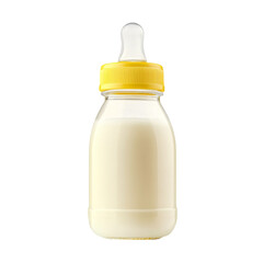 Baby bottle filled with milk yellow cap and nipple,