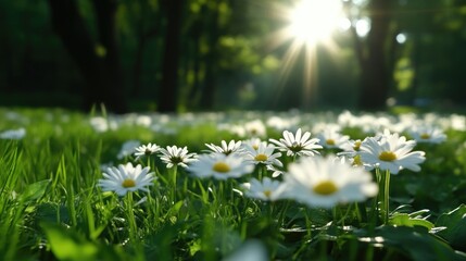 A field of daisies in a park bathed in sunlight