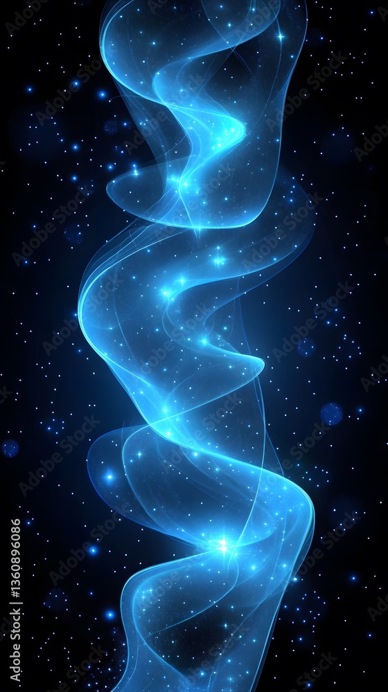 Poster blue energy wave flowing through space with sparkling stars