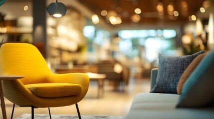 Yellow armchair and sofa inviting customers in modern furniture store