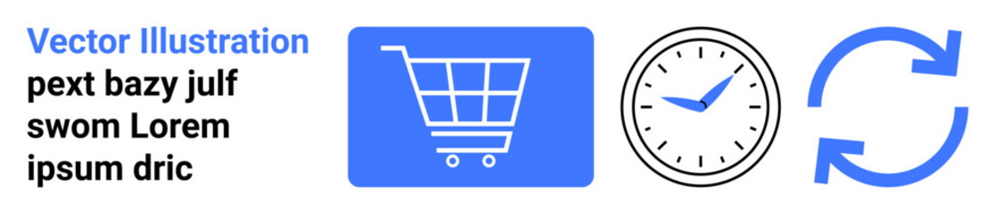 Shopping cart, clock, and refresh arrow conveying e-commerce, scheduling, process, interaction, system optimization, retail efficiency and strategy. Ideal for app interfaces or a simple landing page