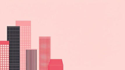 Pink city skyline, buildings, minimal design, pastel background, website banner