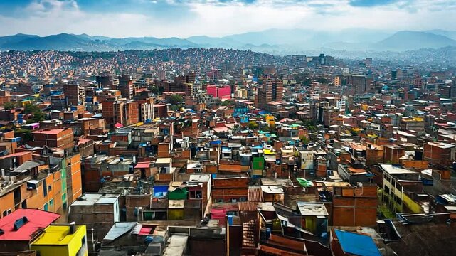 Aerial view of densely populated urban sprawl in La Paz, Bolivia South America