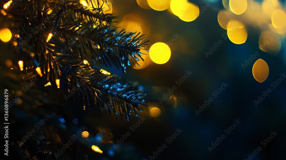 Poster Close-up of a decorated evergreen branch with bokeh lights.