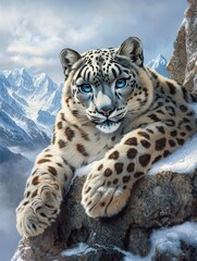 Obraz premium Majestic Snow Leopard on Snowy Mountain Peak