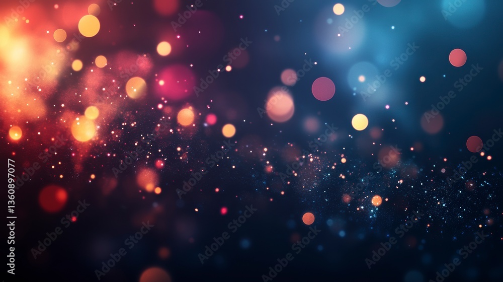 Poster abstract bokeh background with red, orange, and blue lights and sparkles.