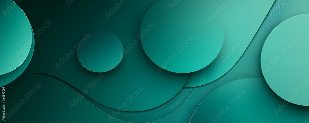 Poster Teal green abstract background with overlapping circles and wavy shapes