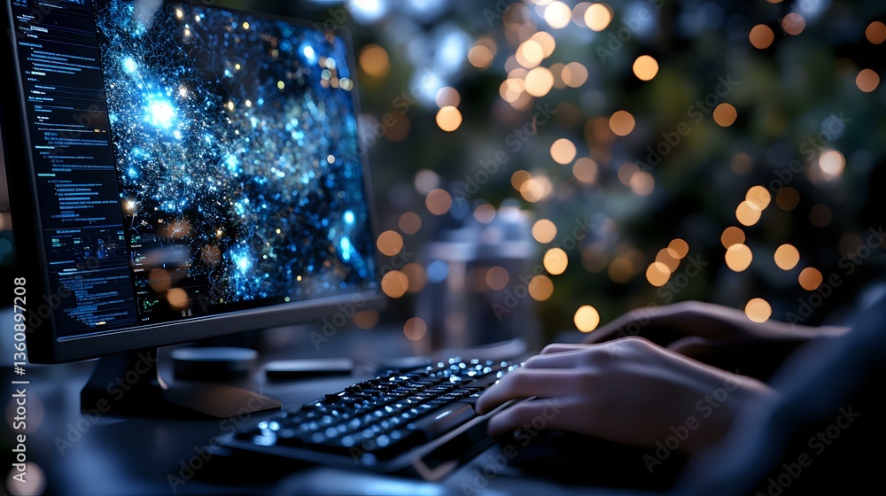 Poster hands typing on computer keyboard at night with glowing blue screen and bokeh lights in background, 