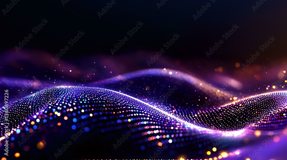 Poster glowing purple and blue particle wave with light dots forming dynamic flowing curves against dark ba