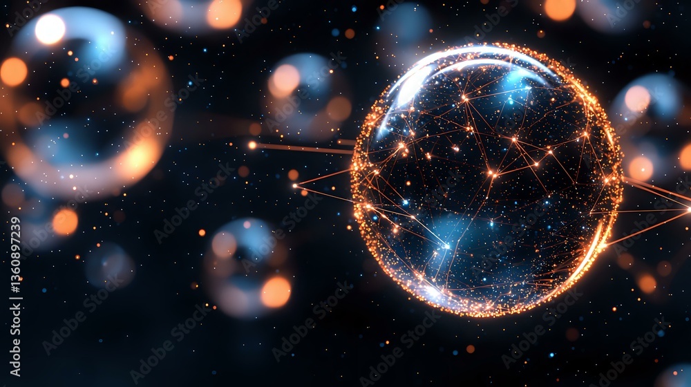 Poster glowing orange and blue sphere with light particles and sparkles floating in dark space creates magi