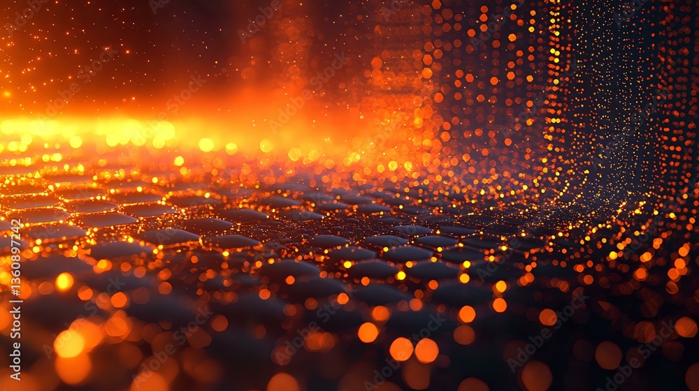 Aufkleber glowing orange and blue particles form dynamic wave pattern with depth of field effect and bokeh lig