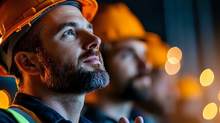 Caucasian male construction worker in safety helmet looking up with hopeful expression, illuminated by warm evening lights against blurred background.