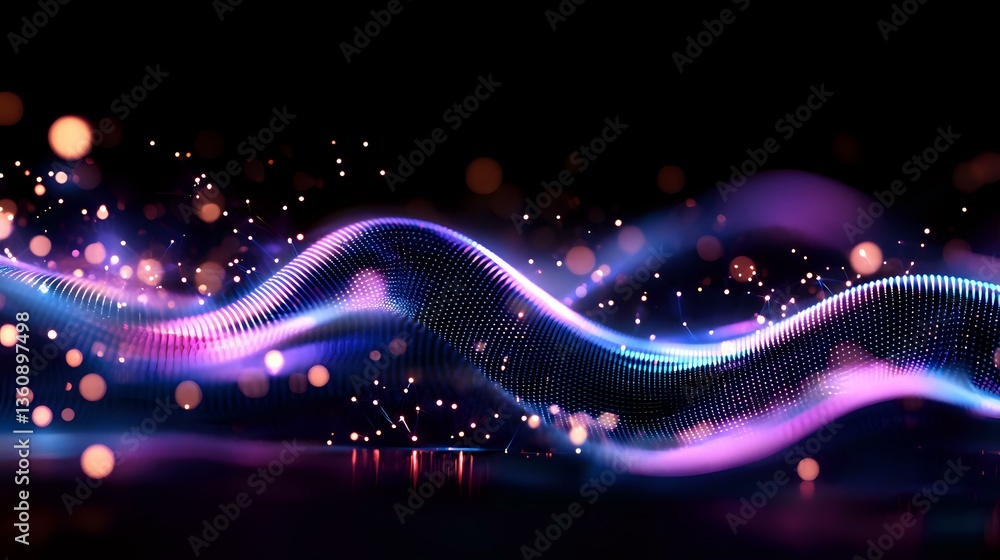 Poster glowing neon wave lines with purple and blue gradient colors on dark background, sparkles and bokeh 