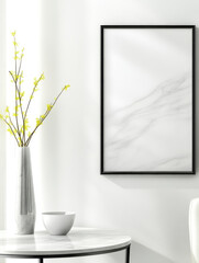 Fototapeta premium Blank vertical poster mockup in sleek frame on modern wall display