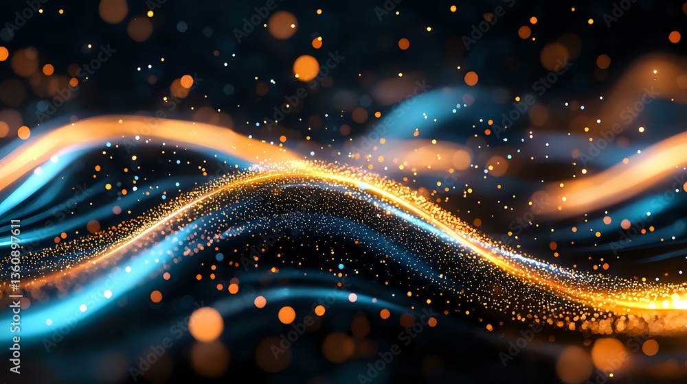 Poster glowing golden and blue waves with sparkles and bokeh effects on dark background create magical abst
