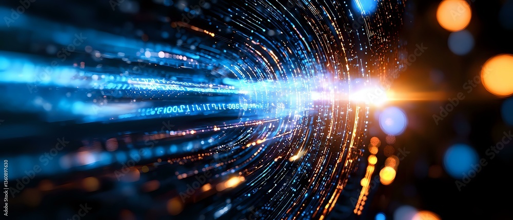 Poster abstract digital light tunnel with blue laser beams and orange glowing particles creating dynamic mo