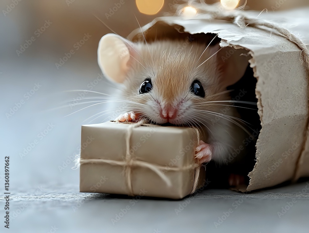 Poster adorable mouse peeking from cardboard box holding small wrapped gift package, creating magical holid