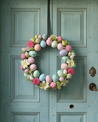 Festive Easter wreath made of pastel-colored eggs and spring flowers adorning a teal wooden door, warm and welcoming atmosphere. Home decoration celebrating the joy of Easter and the arrival of spring