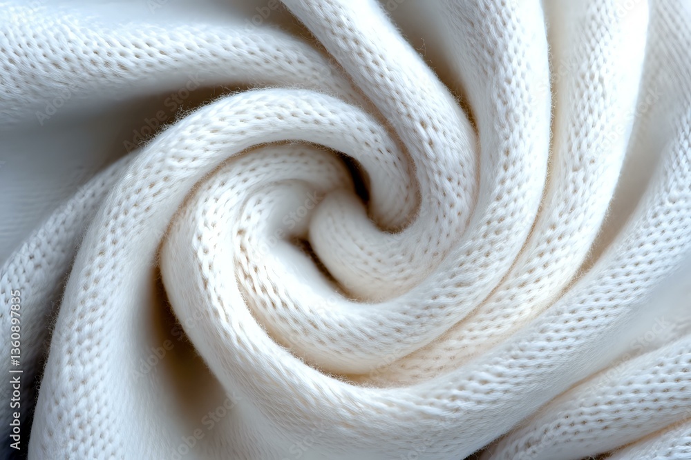 Poster soft white knitted fabric swirled in spiral pattern creating textural waves and folds, macro close-u