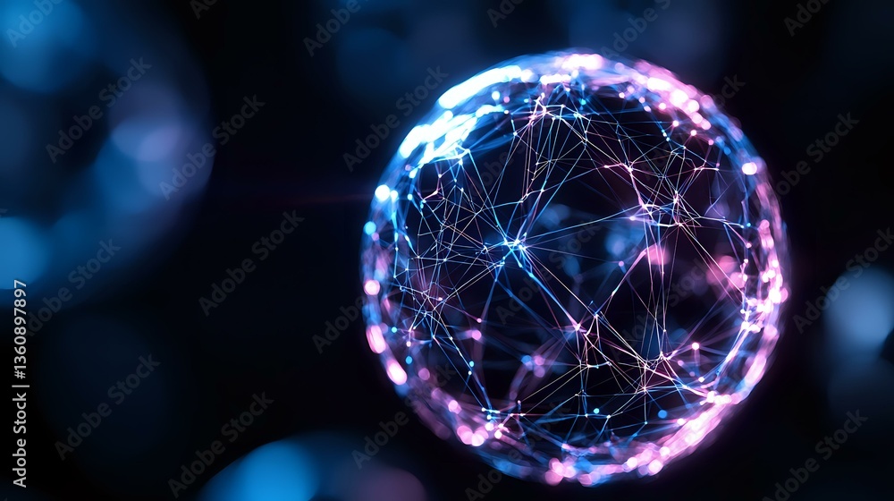 Poster glowing sphere with connected dots and lines forming network pattern in blue and pink neon colors ag