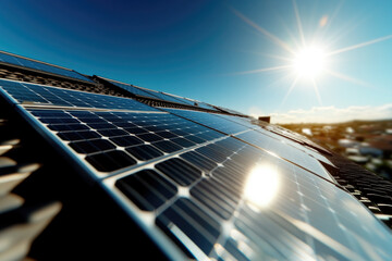 Rooftop solar panels shine under clear blue skies in suburban home