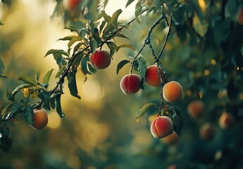 Ripe Peaches Hanging on a Branch Surrounded by Lush Green Leaves in a Soft Natural Light During Late Summer Season in an Orchard