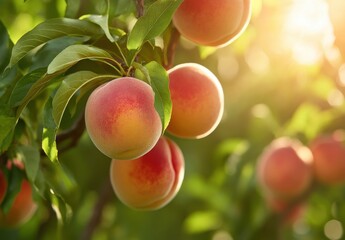 Ripe Peaches Hanging on a Tree Branch in Soft Evening Light Surrounded by Lush Green Foliage, Capturing Nature's Beauty in Rich Colors