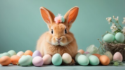 Fototapeta premium Charming Brown Bunny with Easter Egg Nest Crown on Pastel Green Backdrop