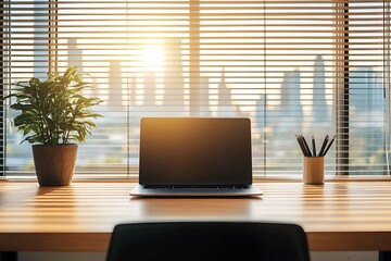 Fototapeta premium Modern office with laptop on wooden desk and bright cityscape background
