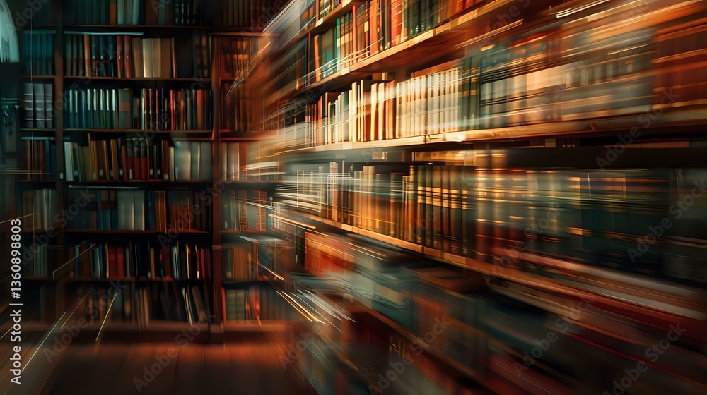 Poster library bookshelves with dynamic motion blur effect creating dramatic perspective. warm lighting hig
