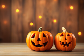 Fototapeta premium Brightly carved Halloween pumpkins bring festive cheer to autumn decorations
