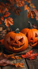 Fototapeta premium Carved jack o'lantern pumpkins with spooky faces surrounded by autumn maple leaves on rustic wooden background, moody fall seasonal composition.