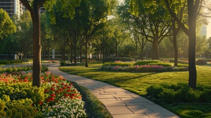Serene Garden Pathway with Lush Greenery and Vibrant Flowers Ideal for Relaxation and Nature P