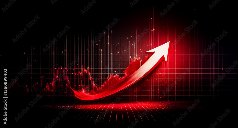 Poster a bold red arrow dynamically points upwards on a dark grid backdrop with scattered particles, symbol