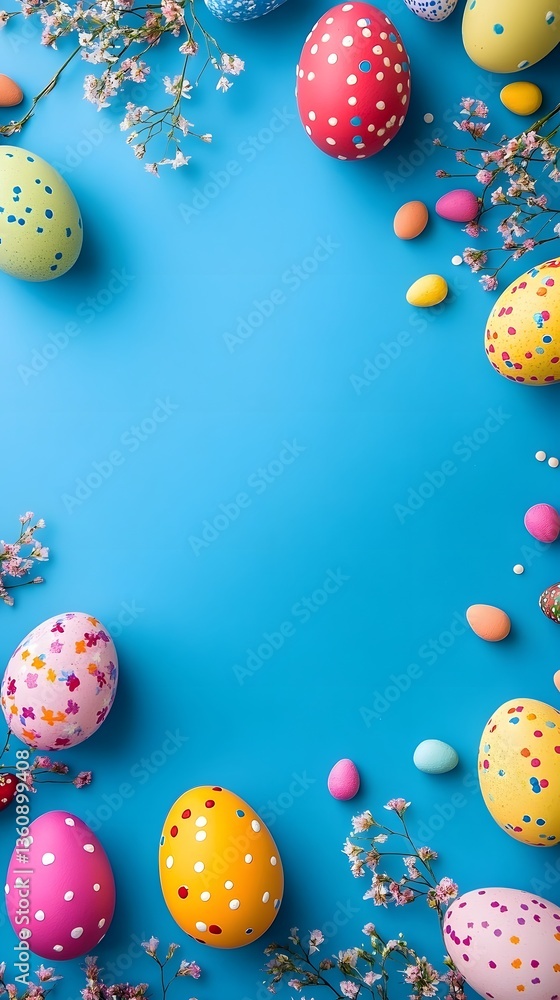 Poster colorful easter eggs and spring flowers creating a frame on blue background