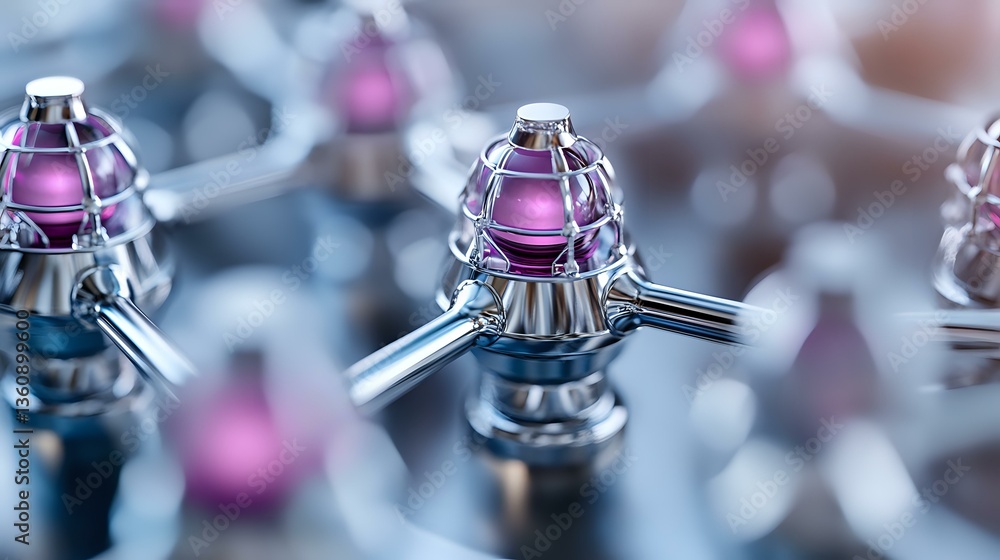Poster futuristic metallic chrome structures with glowing pink orbs in symmetric pattern create modern tech