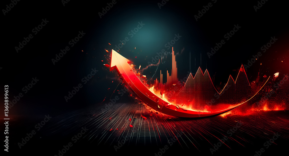 Poster fiery red arrow dynamically points upwards with graph elements, symbolizing growth and progress agai