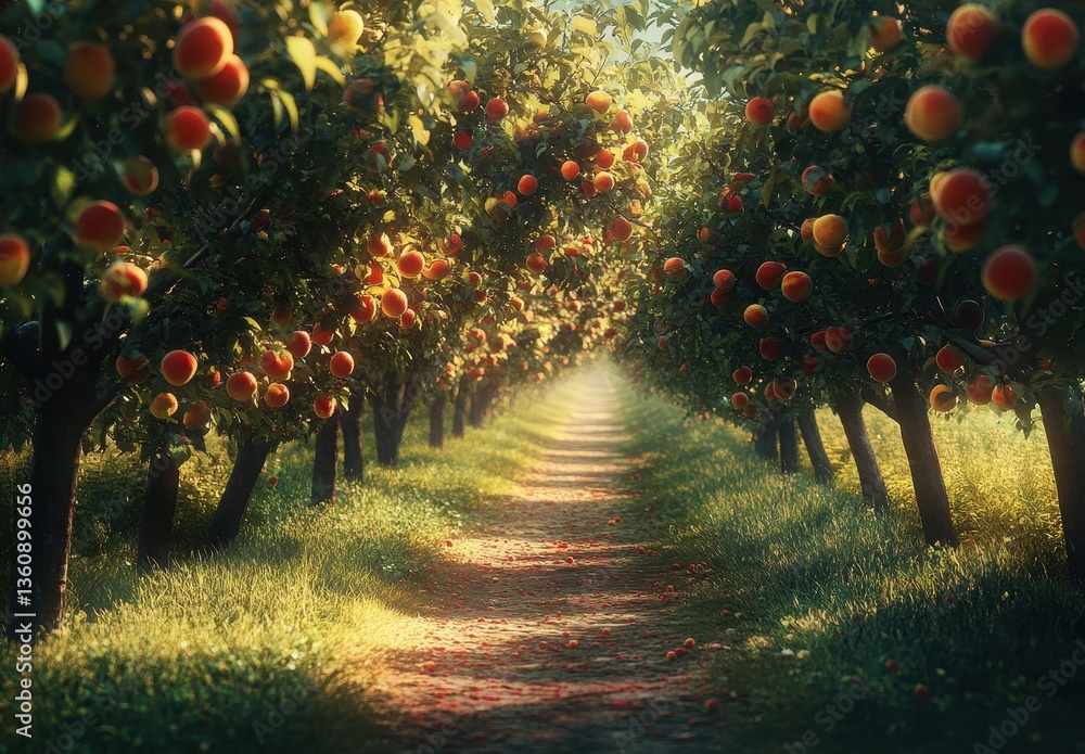Poster serene orchard pathway surrounded by lush fruit trees in warm light creating a tranquil and inviting