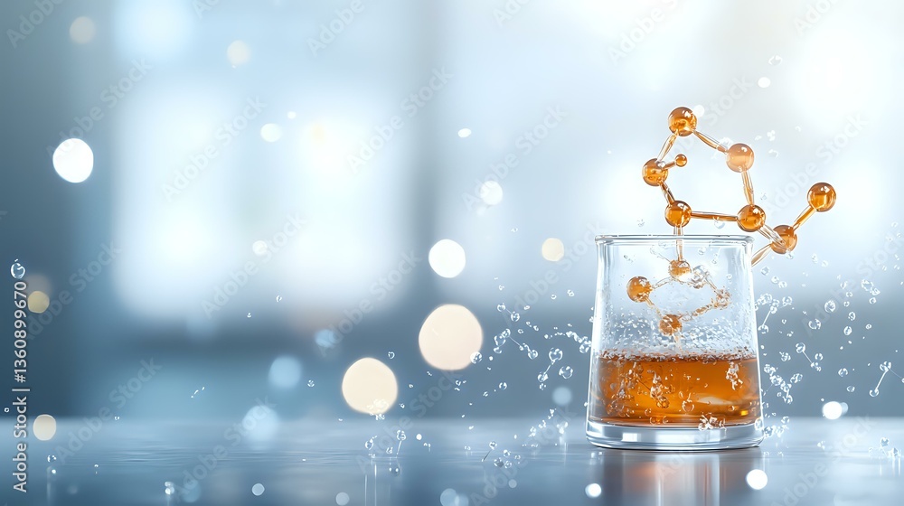 Aufkleber molecular structure emerging from whiskey glass with splashing liquid against blurred bokeh backgrou