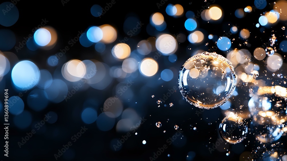 Poster transparent soap bubbles floating on dark background with blue and orange bokeh lights creating magi