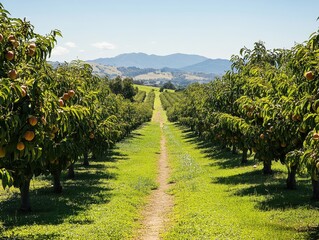 Naklejka premium Serene Orchard Landscape with Lush Green Foliage and Rows of Peach Trees Under Clear Blue Sky in Scenic Mountain View