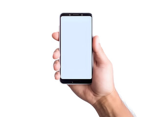 Male hand holding modern smartphone with blank white screen isolated on white background, mockup for app or web design presentation.