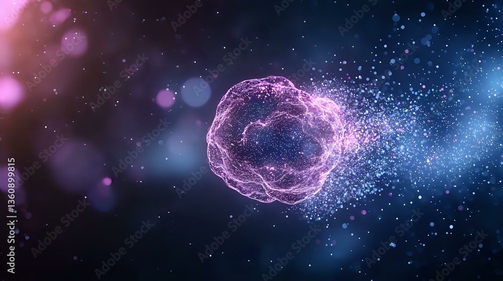 Poster glowing pink and blue cosmic sphere with particle effects and light bokeh in dark space background, 