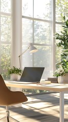 Perspective view of a stylish workspace with a laptop, lamp, flowerpot, and notes on a wooden table
