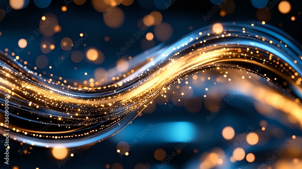 Poster glowing golden and blue wave with sparkling particles and bokeh effect on dark background creates ma