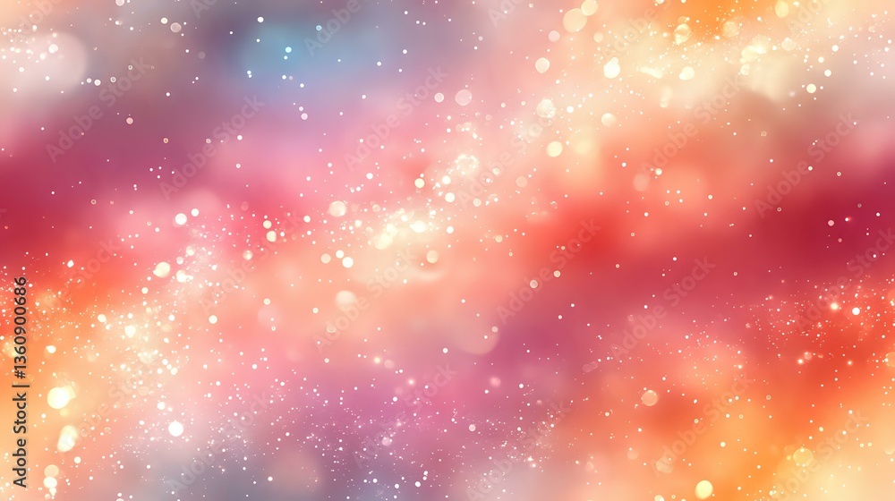 Poster dreamy coral and pink cosmic background with glowing particles and bokeh lights creating magical atm